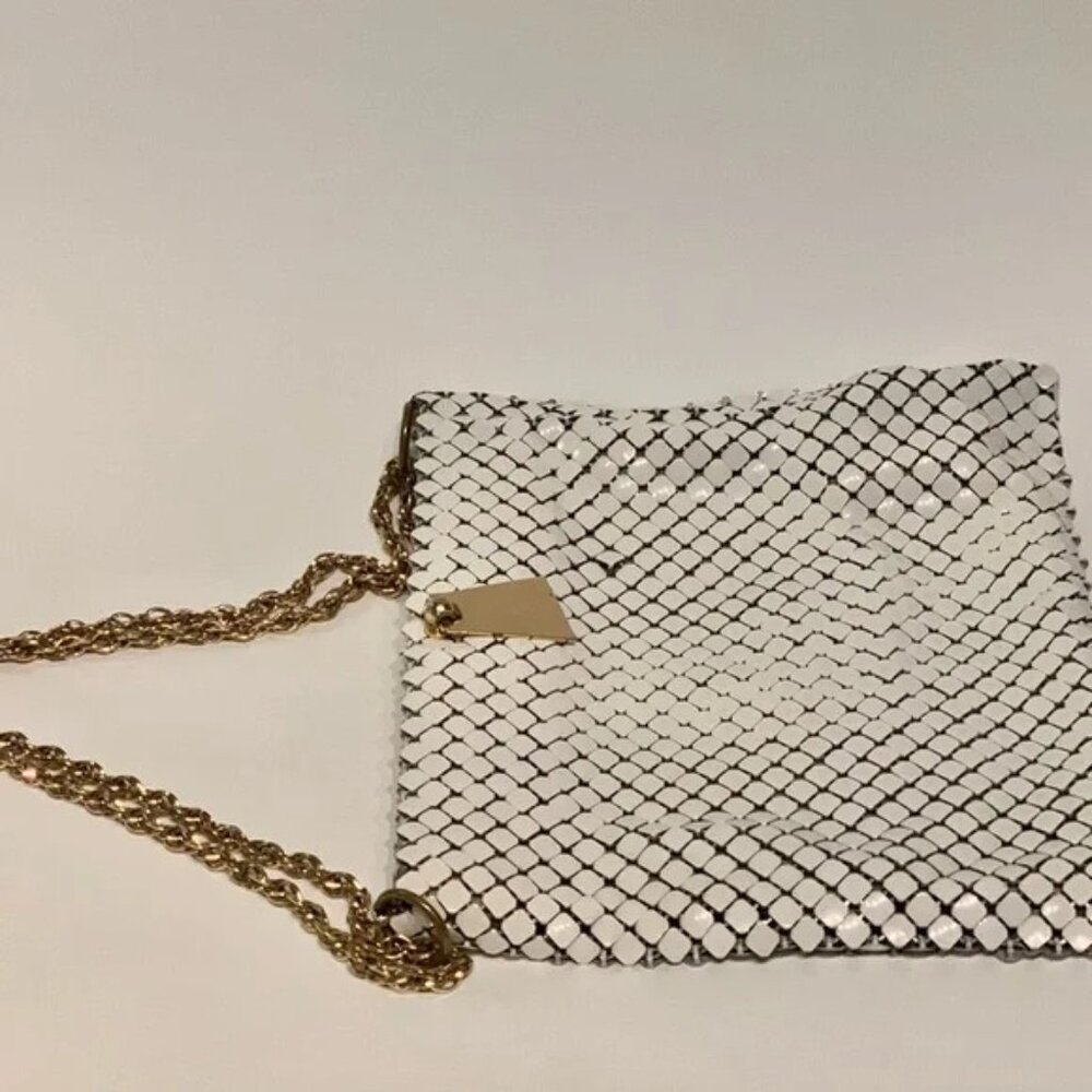 Vintage Whiting & Davis White Metal Mesh Handbag Gold Chain Link Straps 10” - Picture 9 of 12